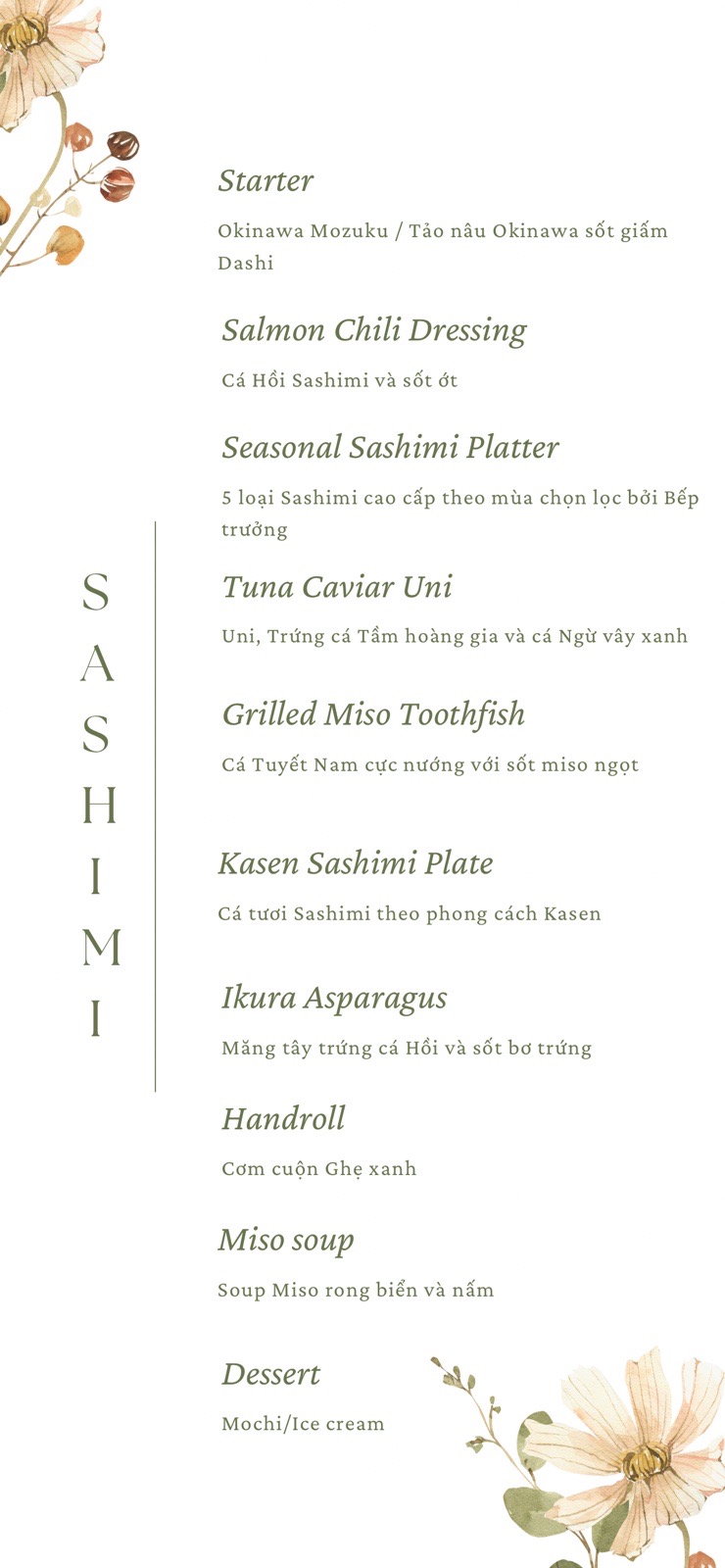 Sashimi omakase sample course menu in English and Vietnamese.