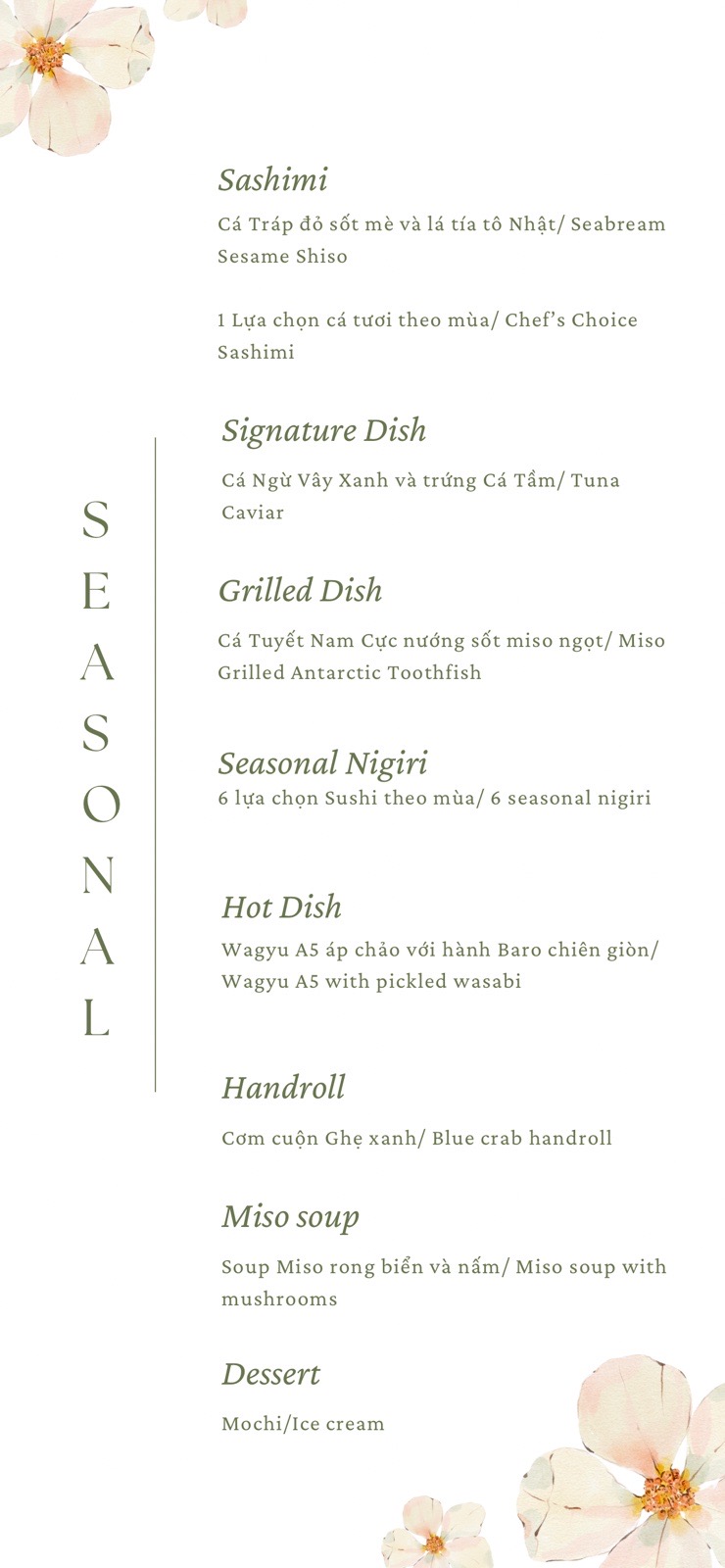 Seasonal omakase sample course menu in English and Vietnamese.