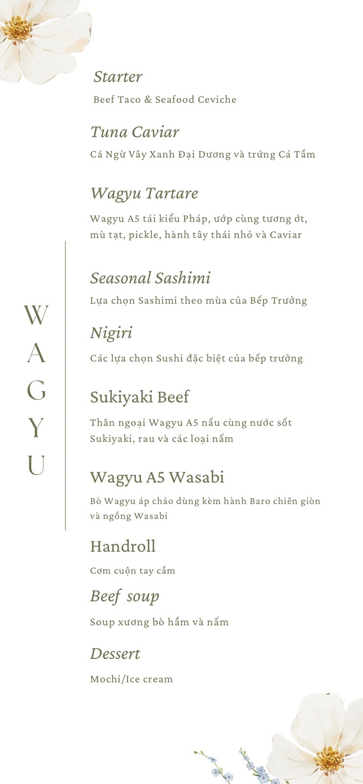 Wagyu omakase sample course menu in English and Vietnamese.