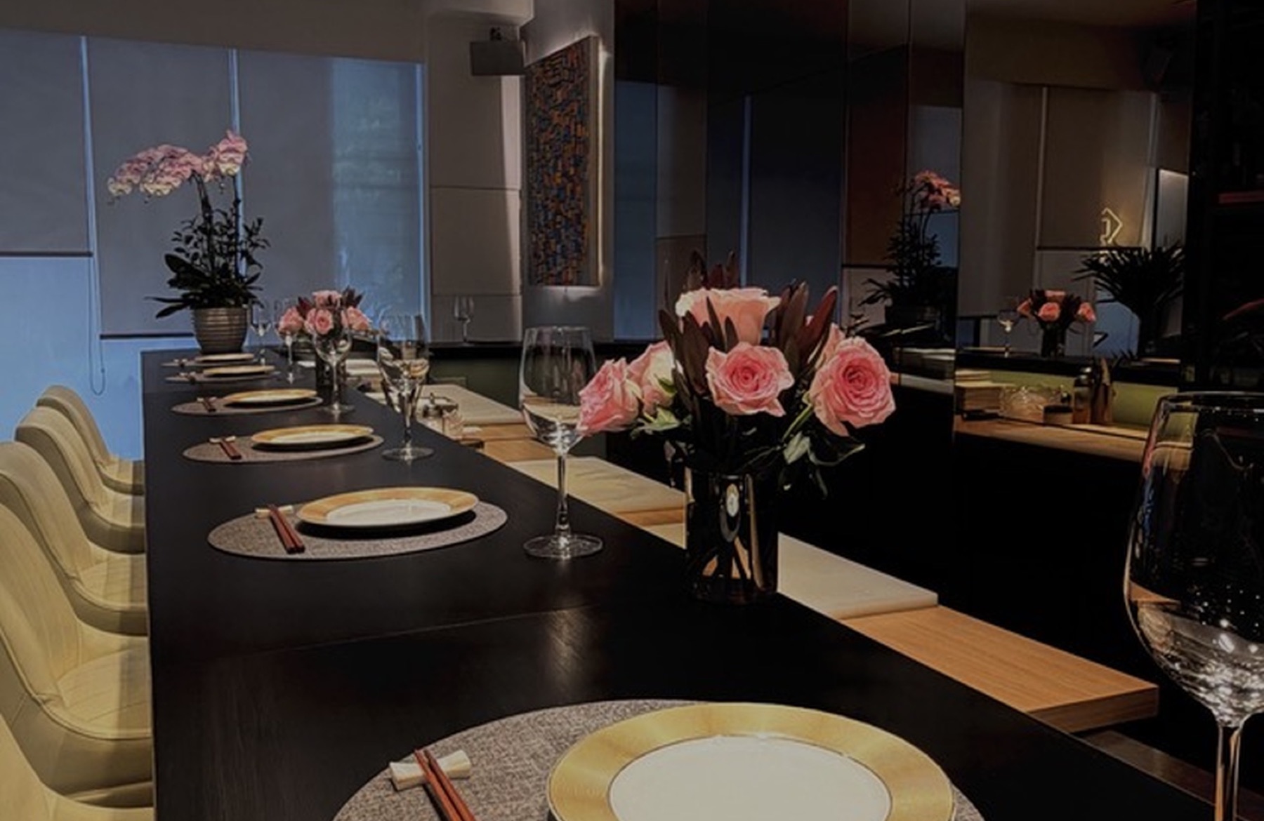 The full counter set for an evening buyout, roses along its length
